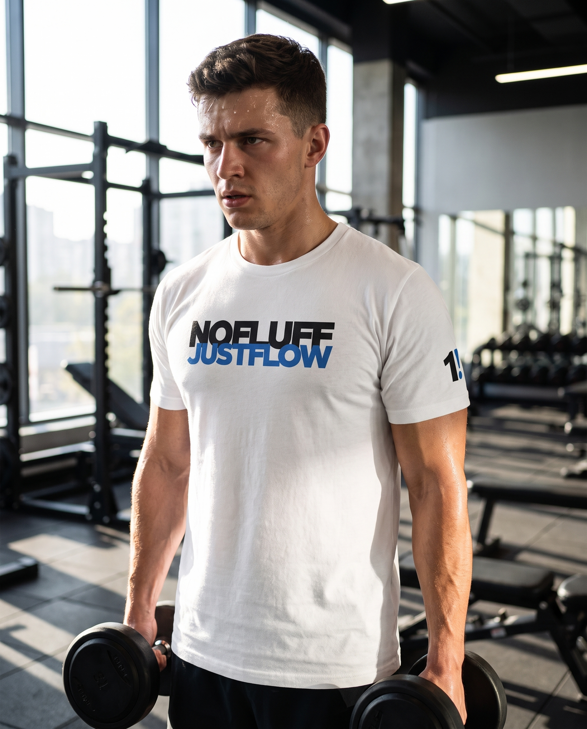 Man wearing Base1 Just Flow athletic t-shirt in a gym