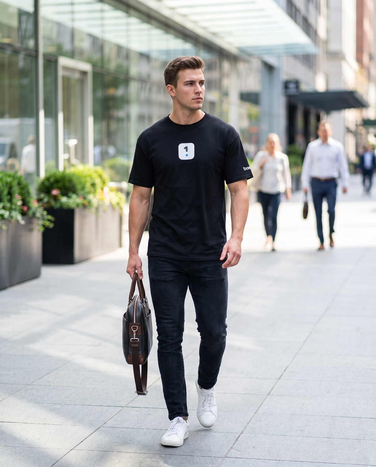Man wearing Base1 Logo Classic T-shirt on a city street