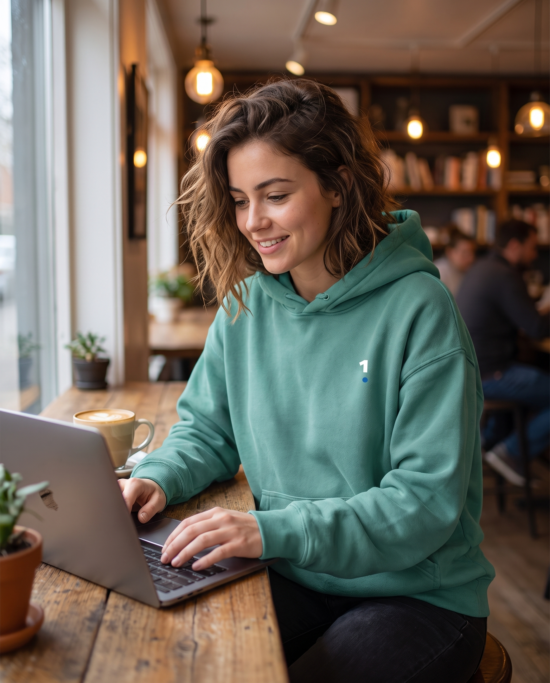 Woman wearing Base1 Oversize Fleeced Hoodie in a cafe