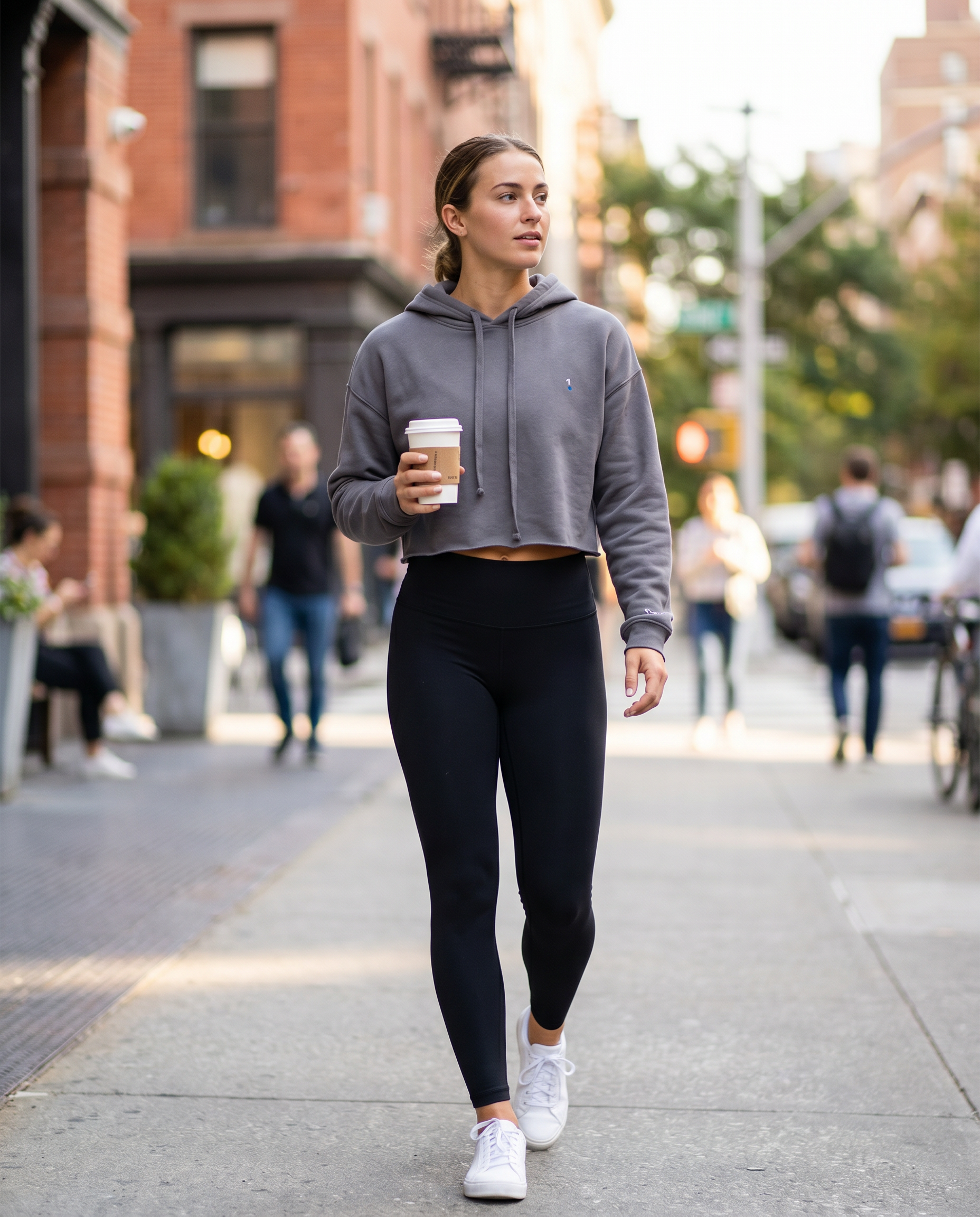 Woman wearing 1 Logo Crop Hoodie on a city street