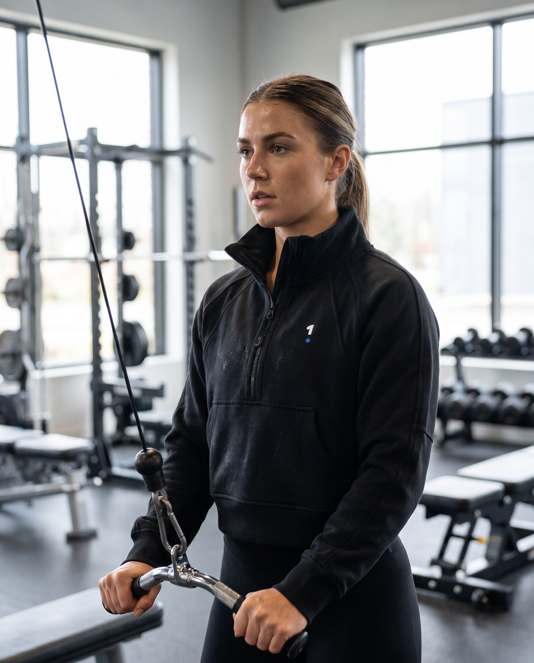 Woman wearing 1 Logo Cropped Half-Zip Sweatshirt in a gym