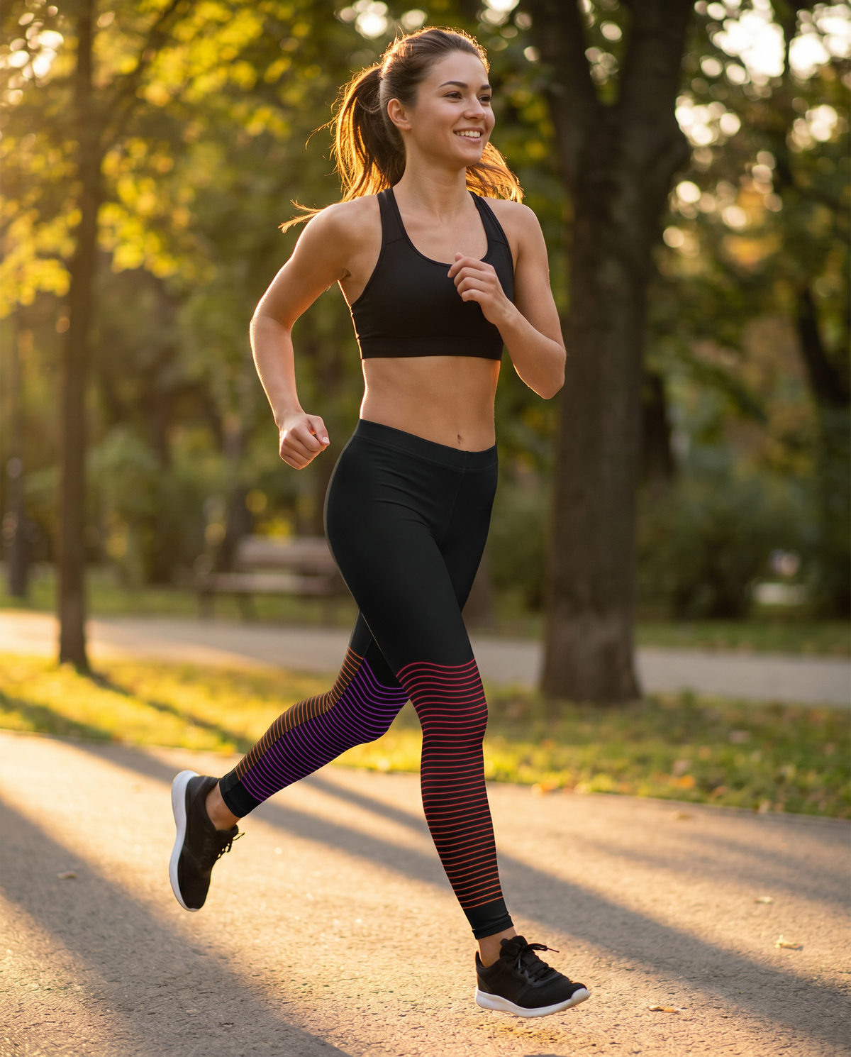 Woman wearing Base1 Digital Waves leggings outdoors