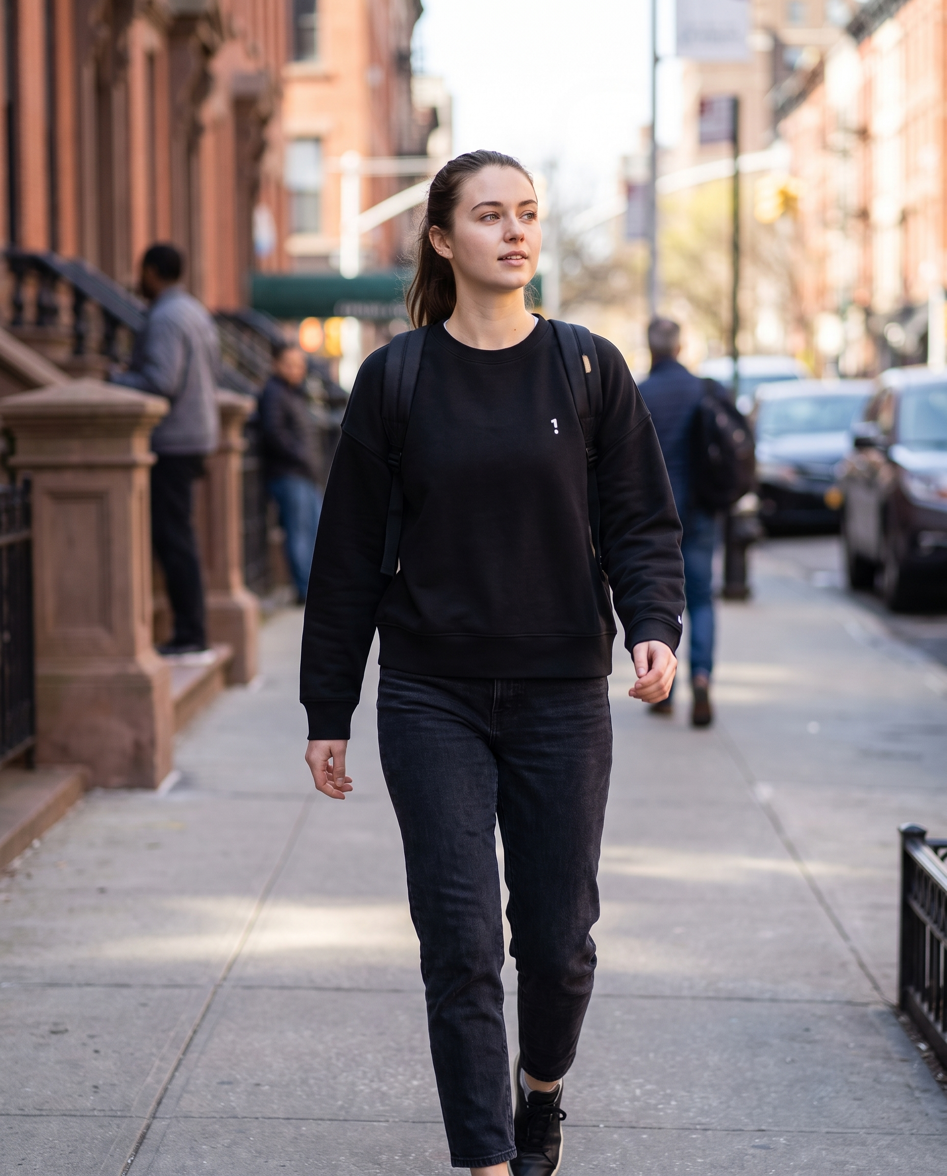 Woman wearing 1 Logo organic crew neck sweatshirt on a city street