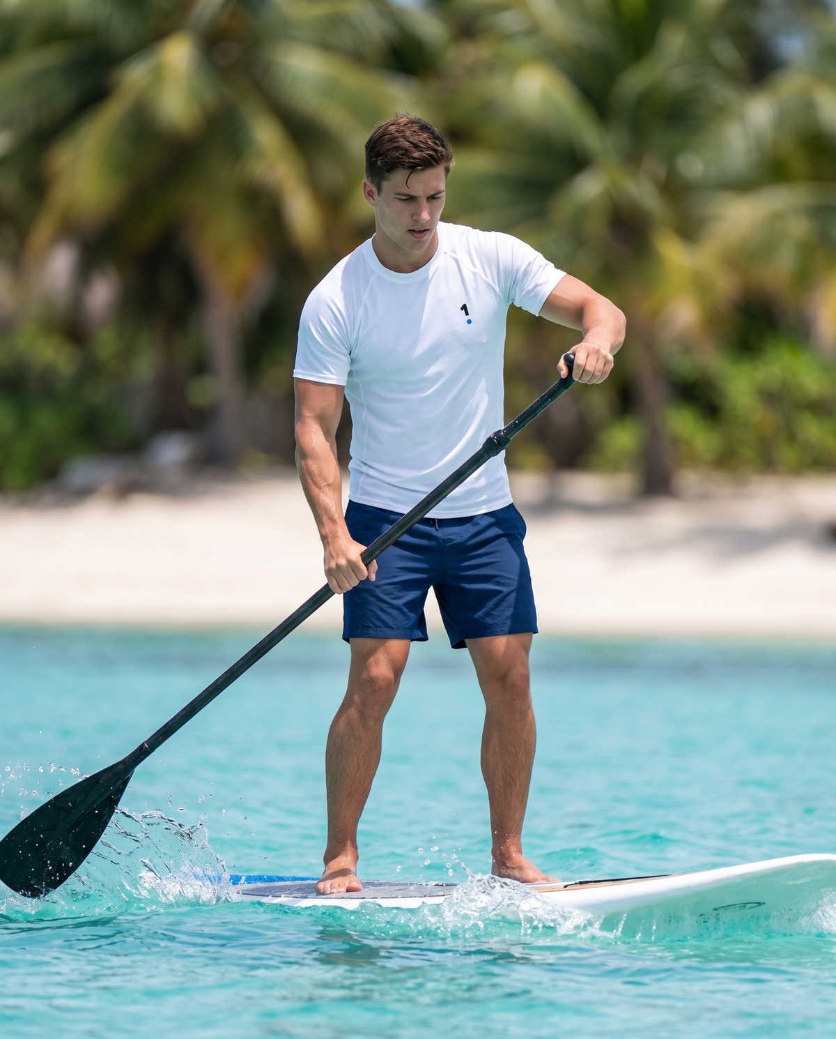 Man wearing Base1 Logo rash guard paddleboarding
