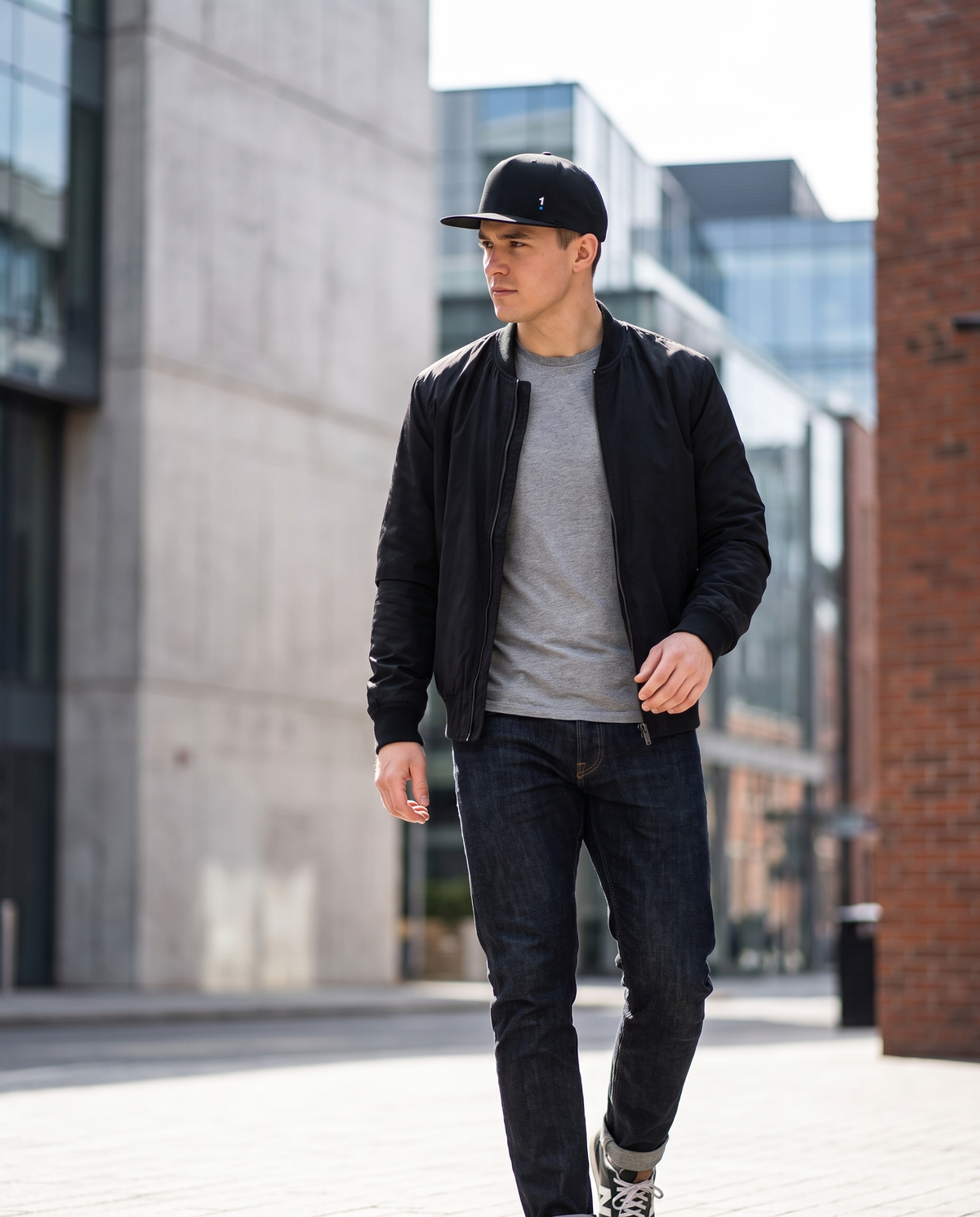 Man wearing Base1 Logo Snapback Cap on a city street
