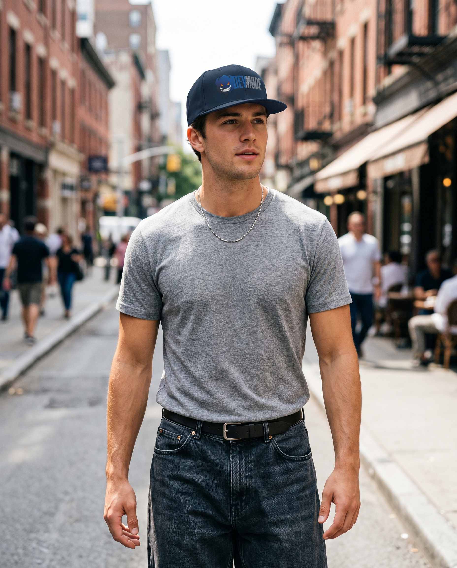 Man wearing Base1 Dev Mode Snapback Hat on a city street