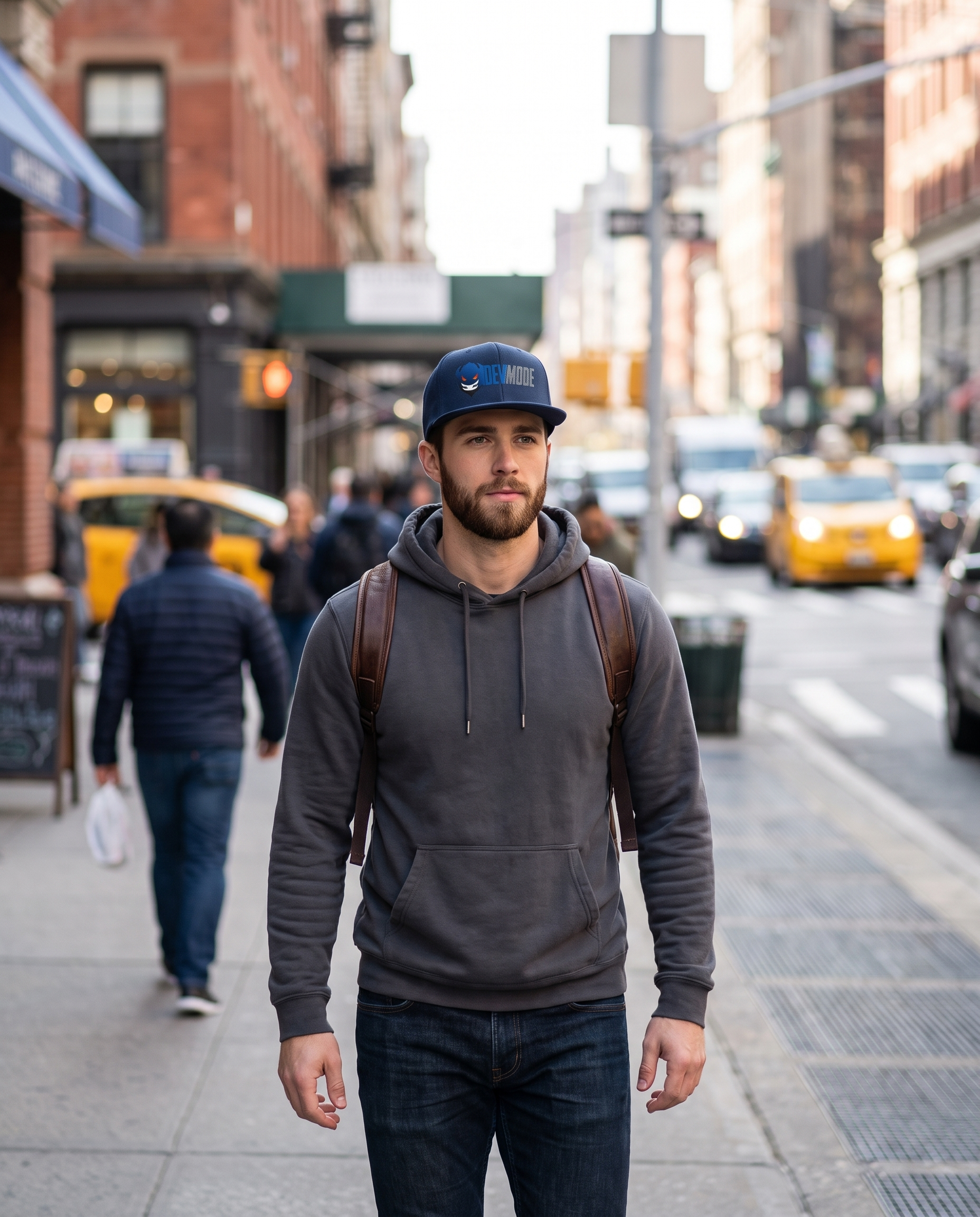 Man wearing Base1 Dev Mode Snapback Hat commuting