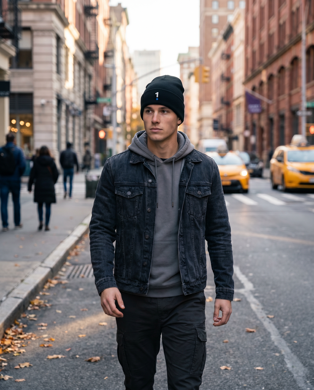 Man wearing 1 Logo Cuffed Beanie on a city street