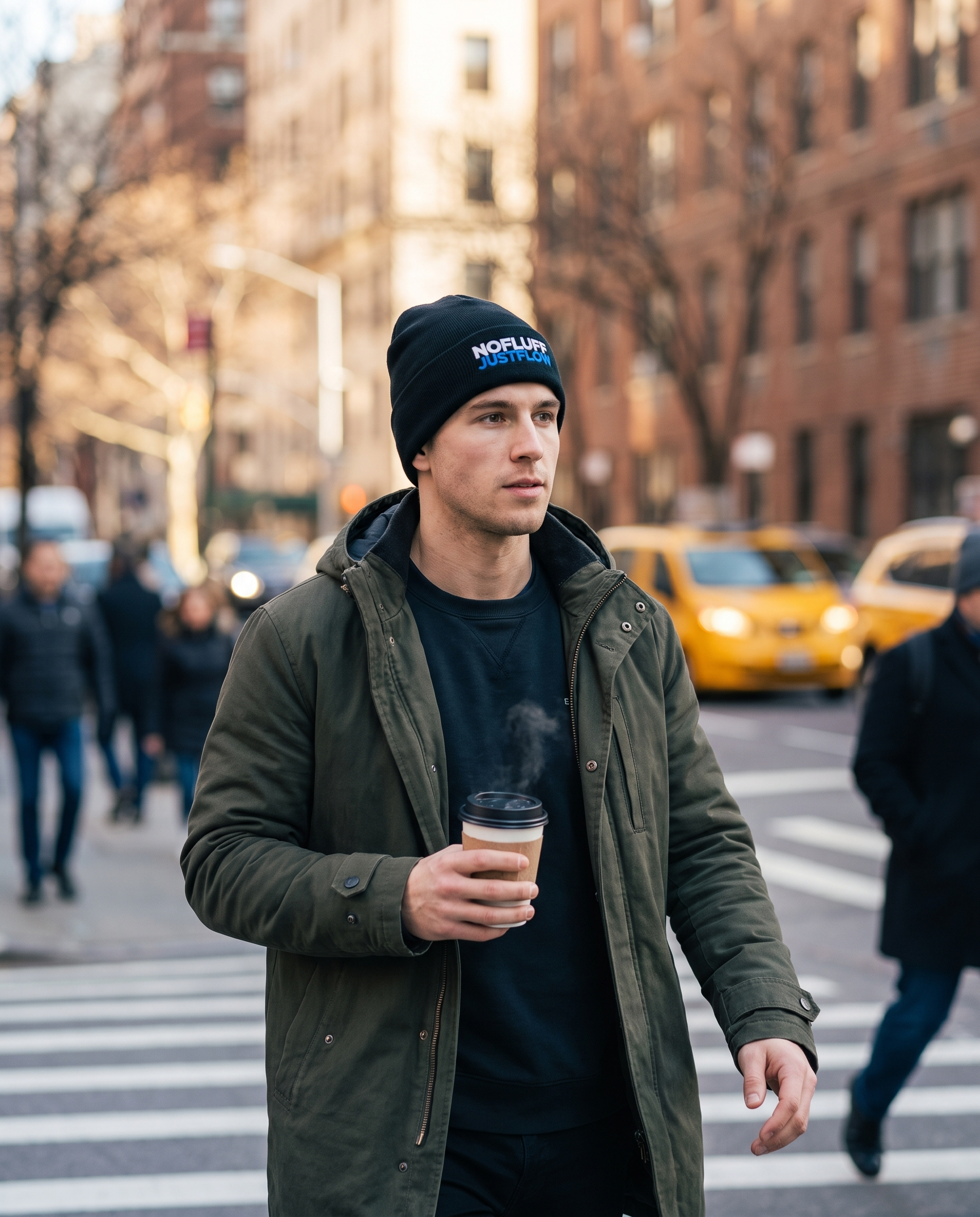 Man wearing Base1 No Fluff Just Flow Beanie commuting in the city