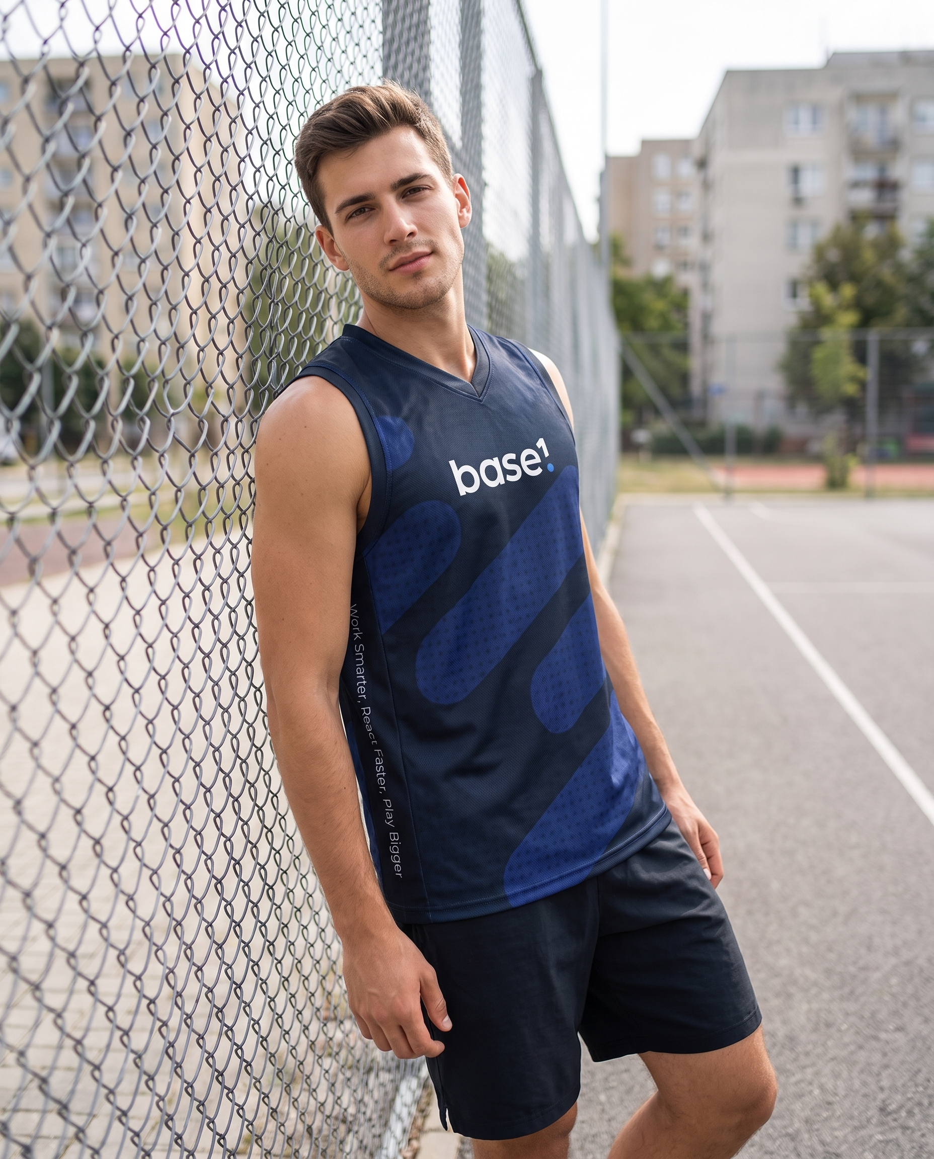 Man wearing Base1 Halftone basketball jersey by an urban court