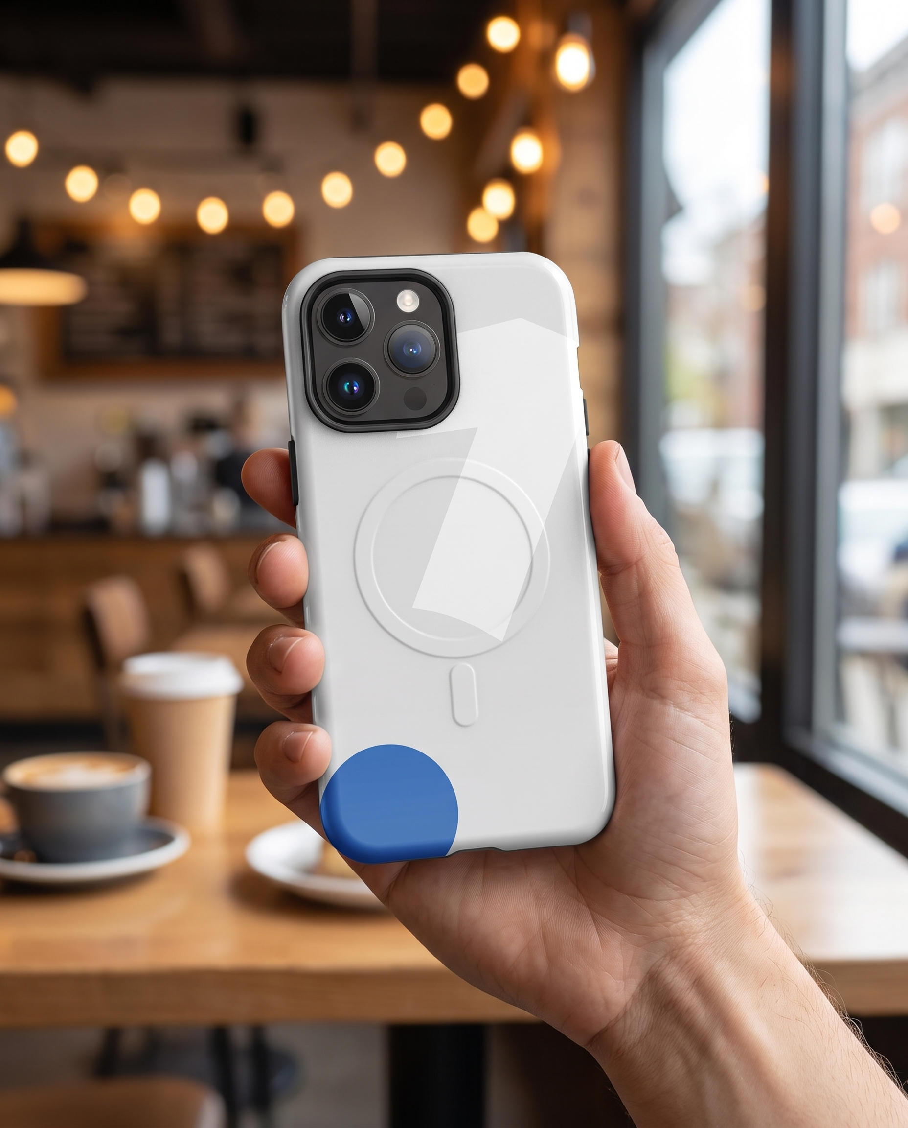 Hand holding iPhone with 1 Logo MagSafe case in a cafe