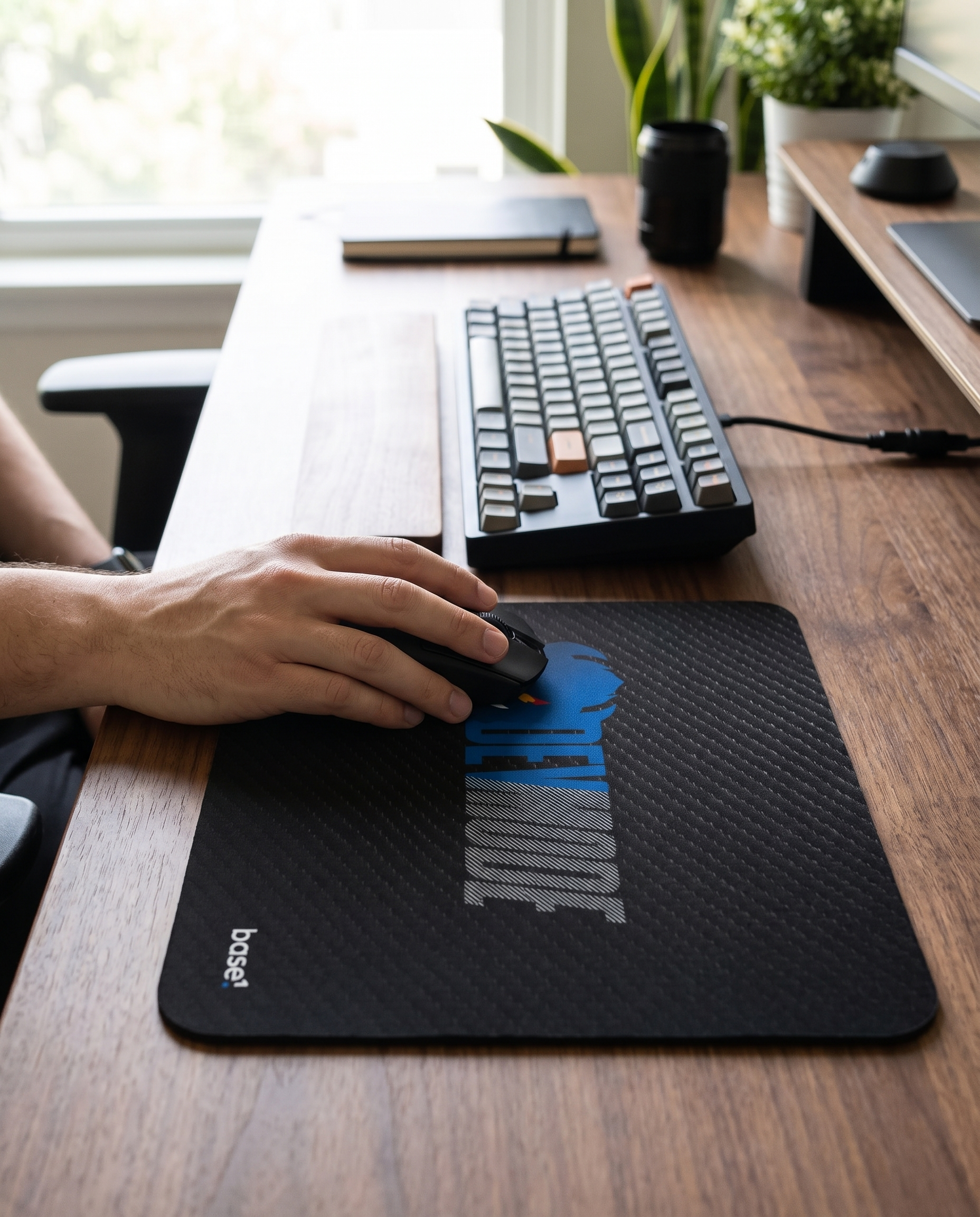 Dev Mode Mouse Pad on a desk with a hand resting a mouse