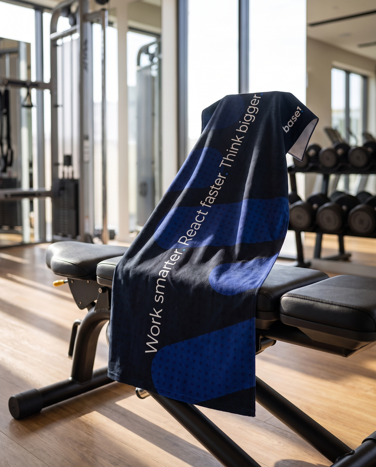 Base1 Think Bigger towel over a weight bench at the gym