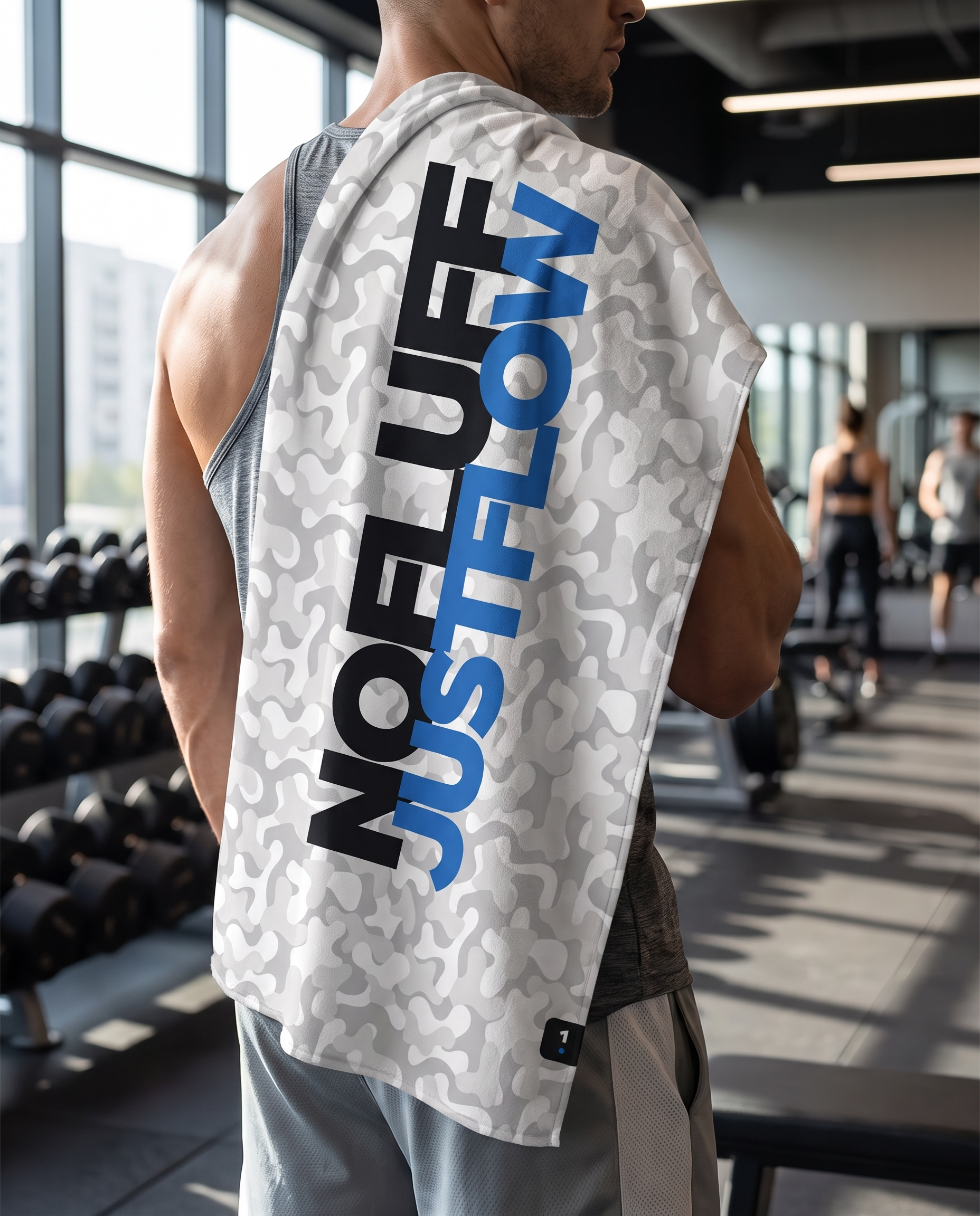 Base1 Just Flow towel over the shoulder at the gym