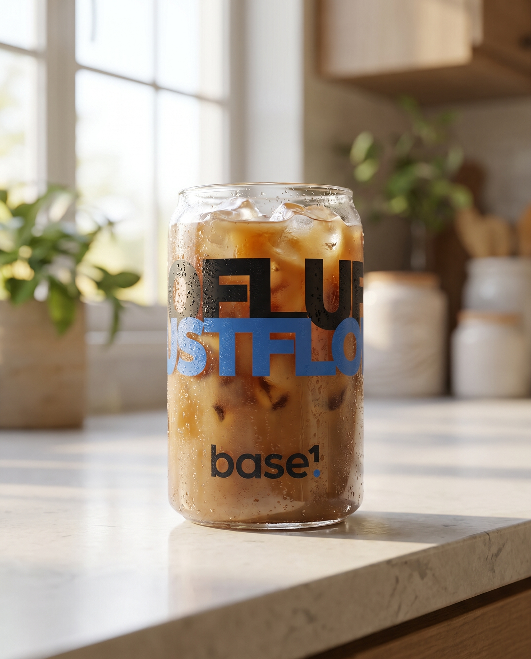 Base1 Just Flow can-shaped glass with iced drink on a kitchen counter
