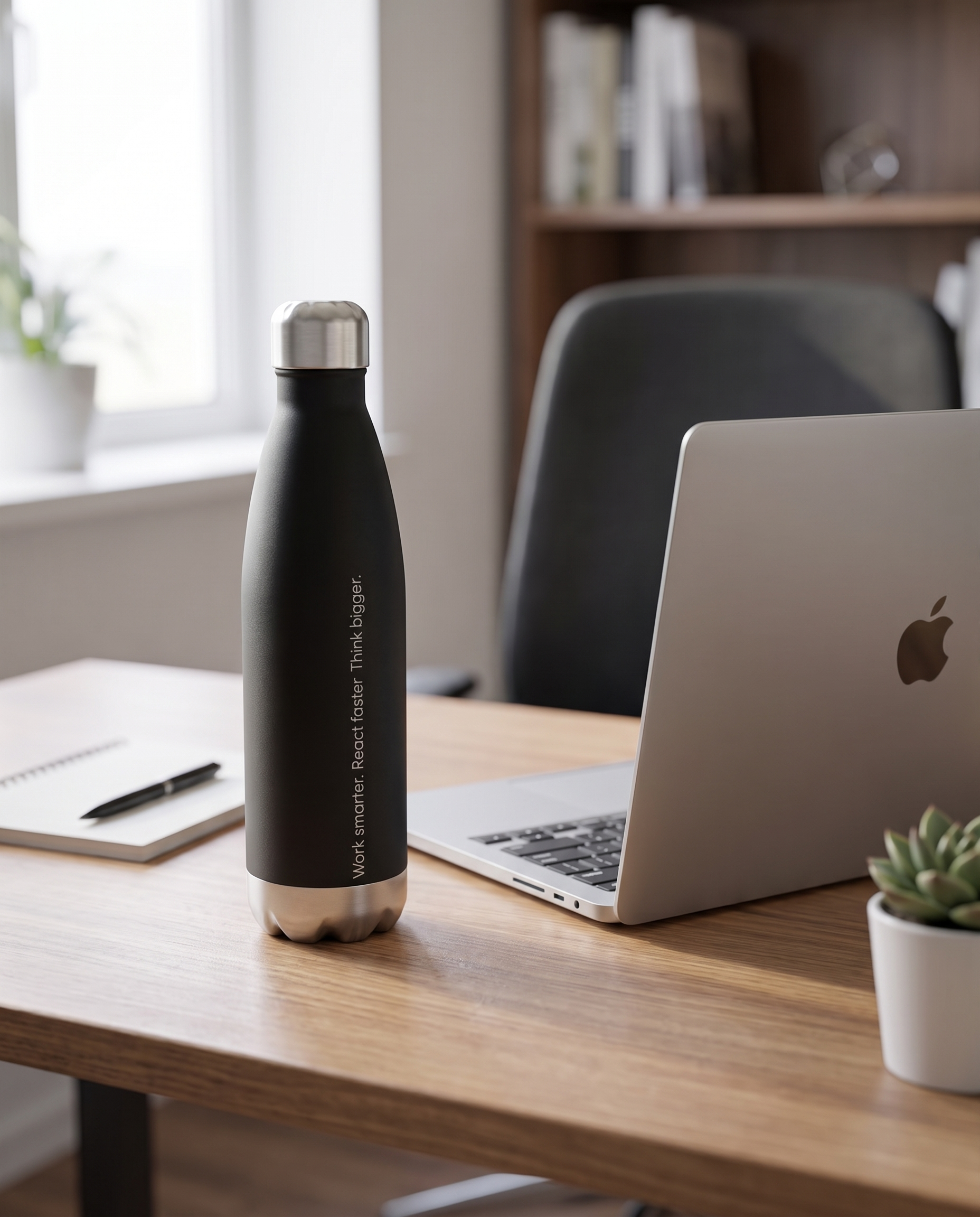 Base1 Work Smarter water bottle on a home-office desk