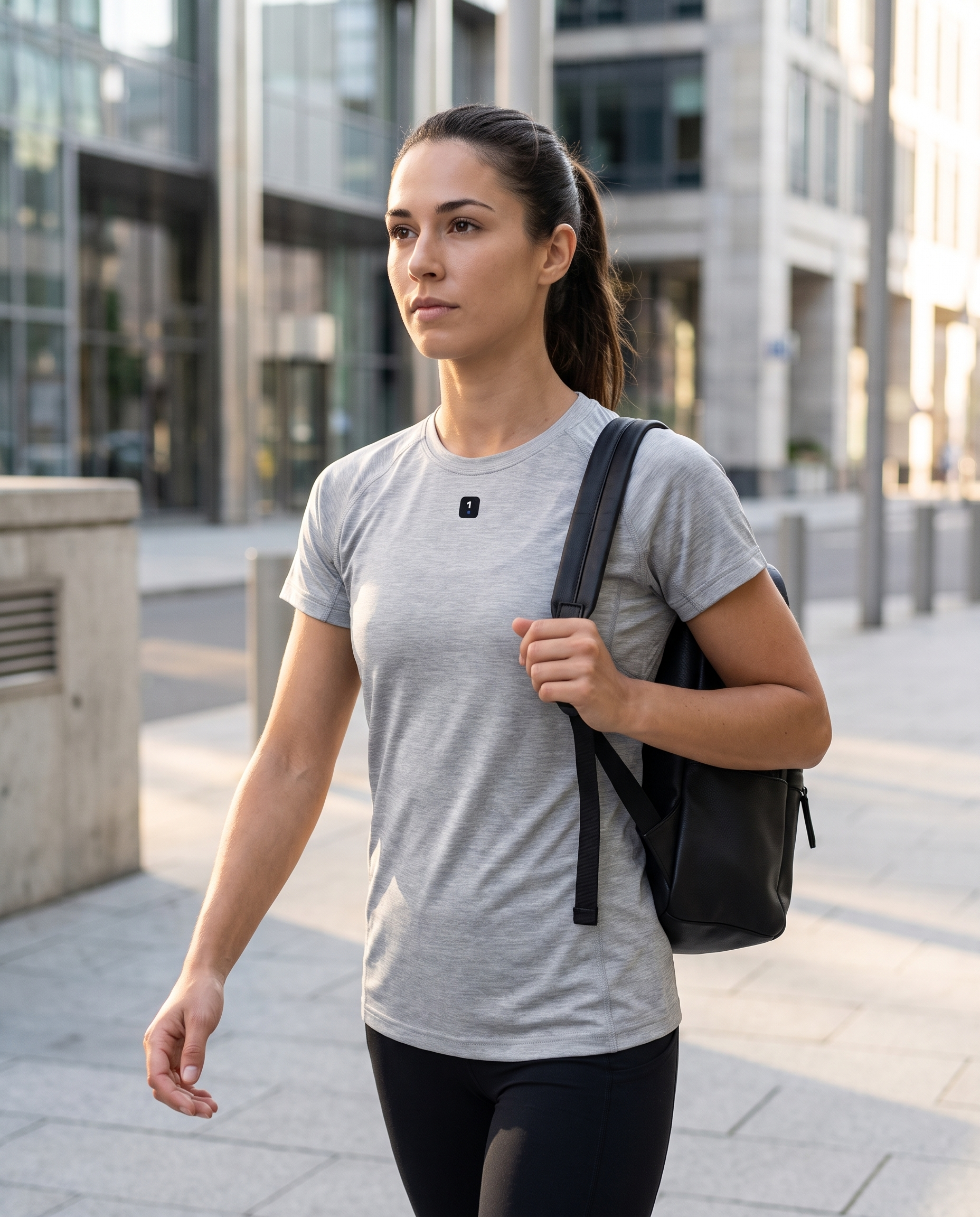 Woman wearing Base1 Active 1 Icon Logo Performance T-Shirt on a city commute
