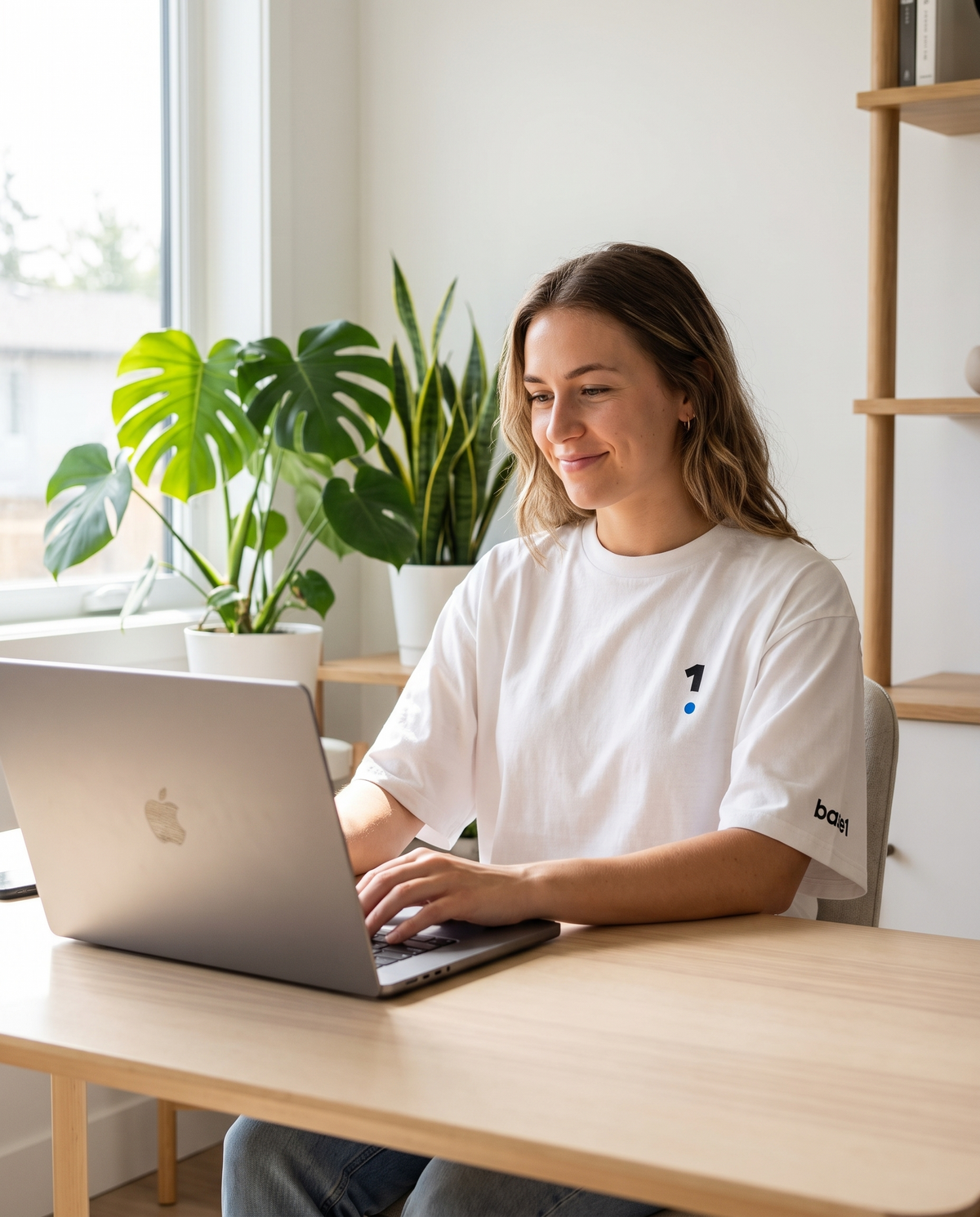 Woman wearing Base1 Logo Oversized Heavyweight Tee working from home