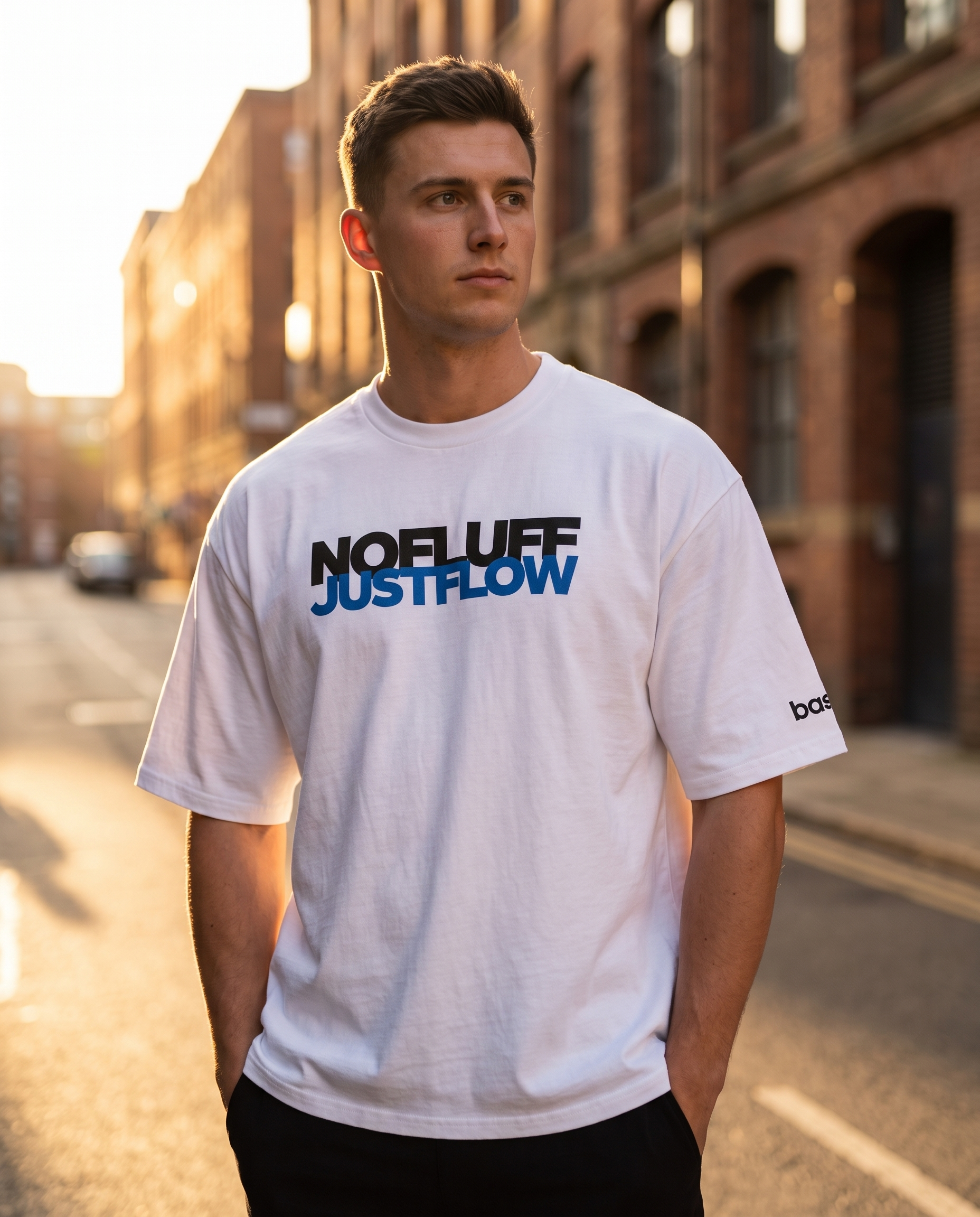 Man wearing Base1 Just Flow oversized heavyweight t-shirt on a city street