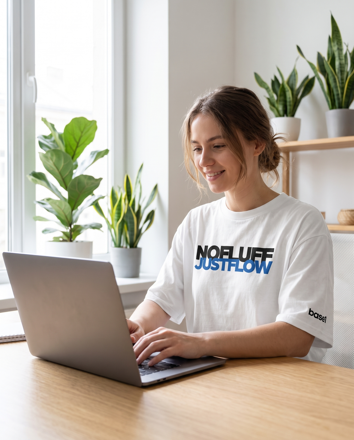 Woman wearing Base1 Just Flow oversized heavyweight t-shirt working from home