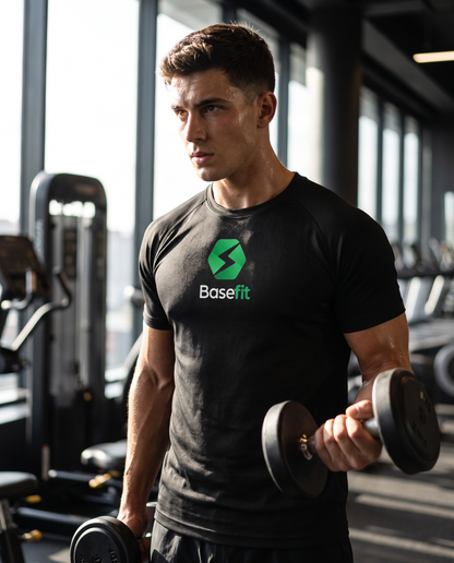 Man wearing BaseFit Panelled Tech Tee in a gym