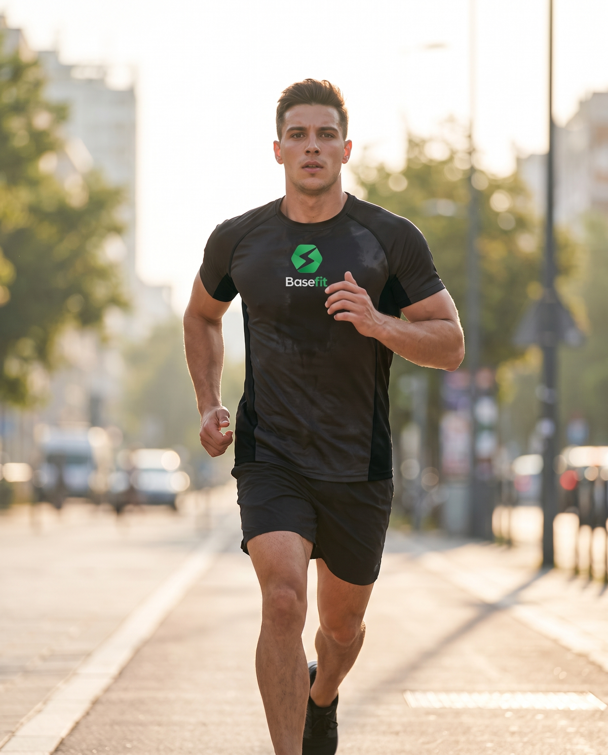 Man running outdoors in BaseFit Panelled Tech Tee