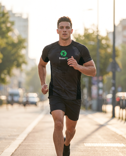 Man running outdoors in BaseFit Panelled Tech Tee