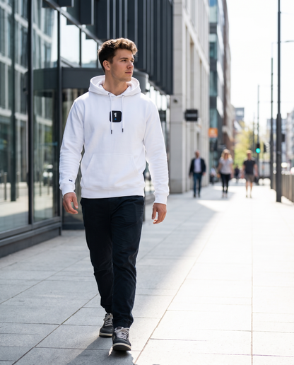Man wearing 1 Icon Logo Premium eco hoodie on a city street