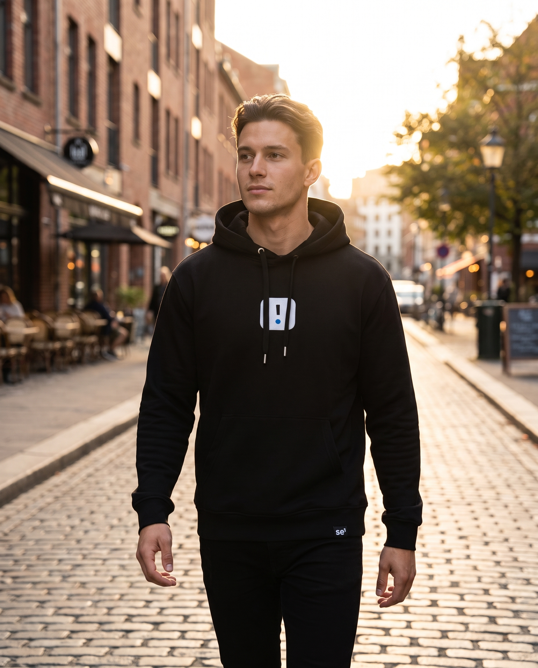 Man wearing Base1 Icon Logo Eco Hoodie on a city street