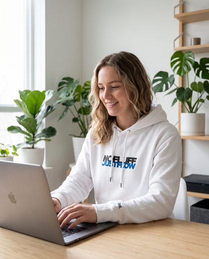 Woman wearing Base1 Just Flow Premium Eco Hoodie working from home