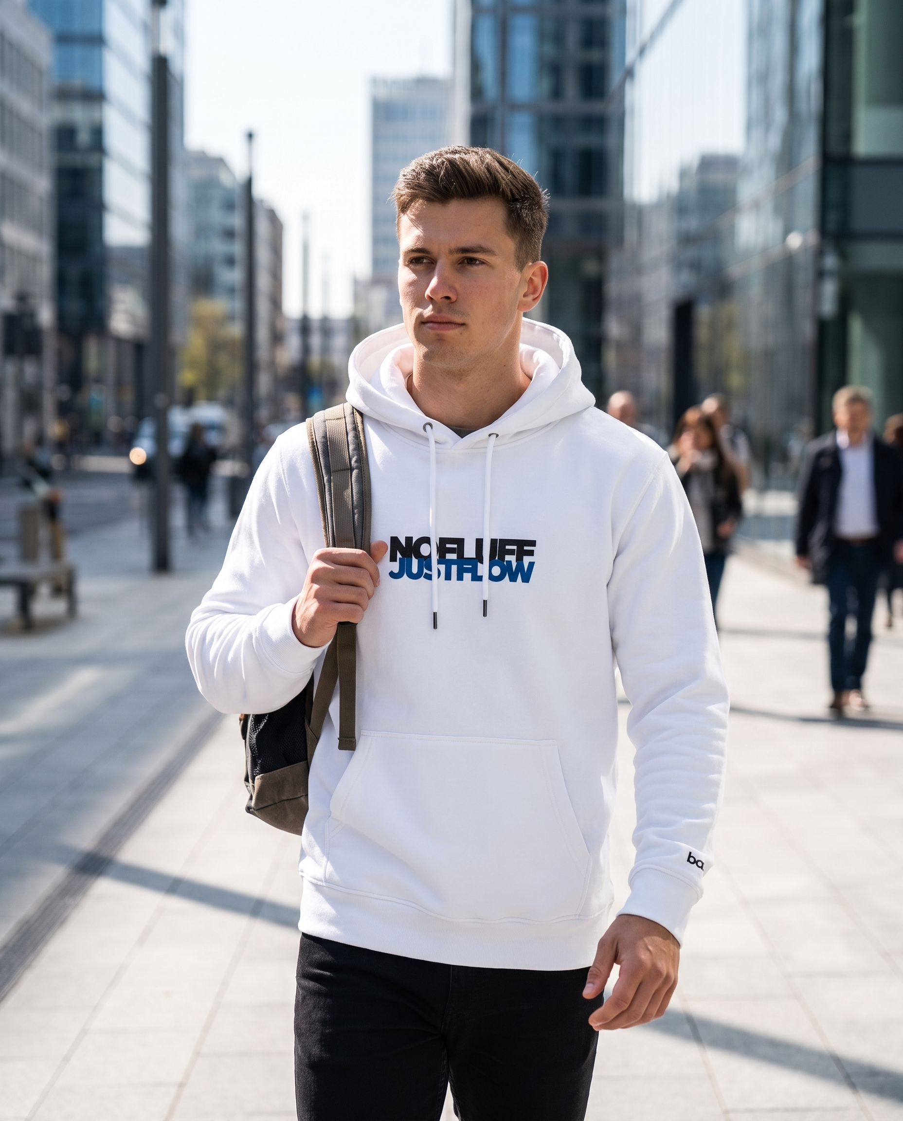 Man wearing Base1 Just Flow Premium Eco Hoodie on a city street