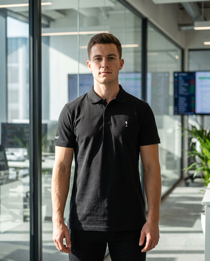 Man wearing 1 Logo premium pique polo in a modern office