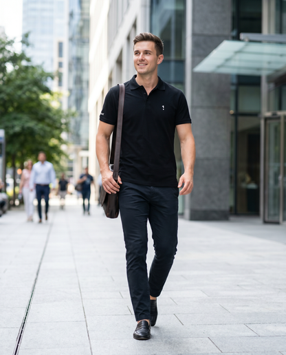 Man wearing 1 Logo premium pique polo on a city street