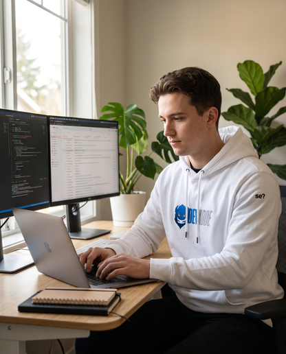 Man wearing Base1 Dev Mode Embroidered Eco Hoodie working from home
