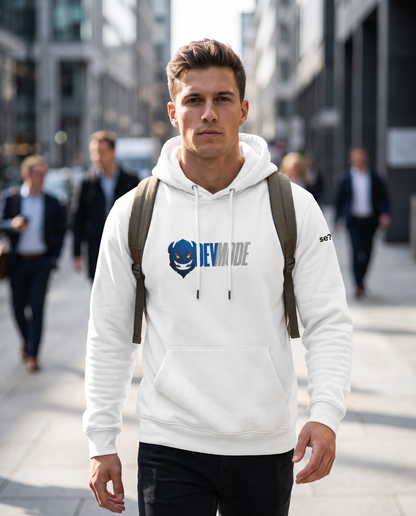 Man wearing Base1 Dev Mode Embroidered Eco Hoodie on a city street