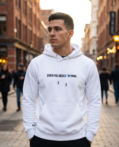 Man wearing DESIGNED2THINK Eco Hoodie on a city street
