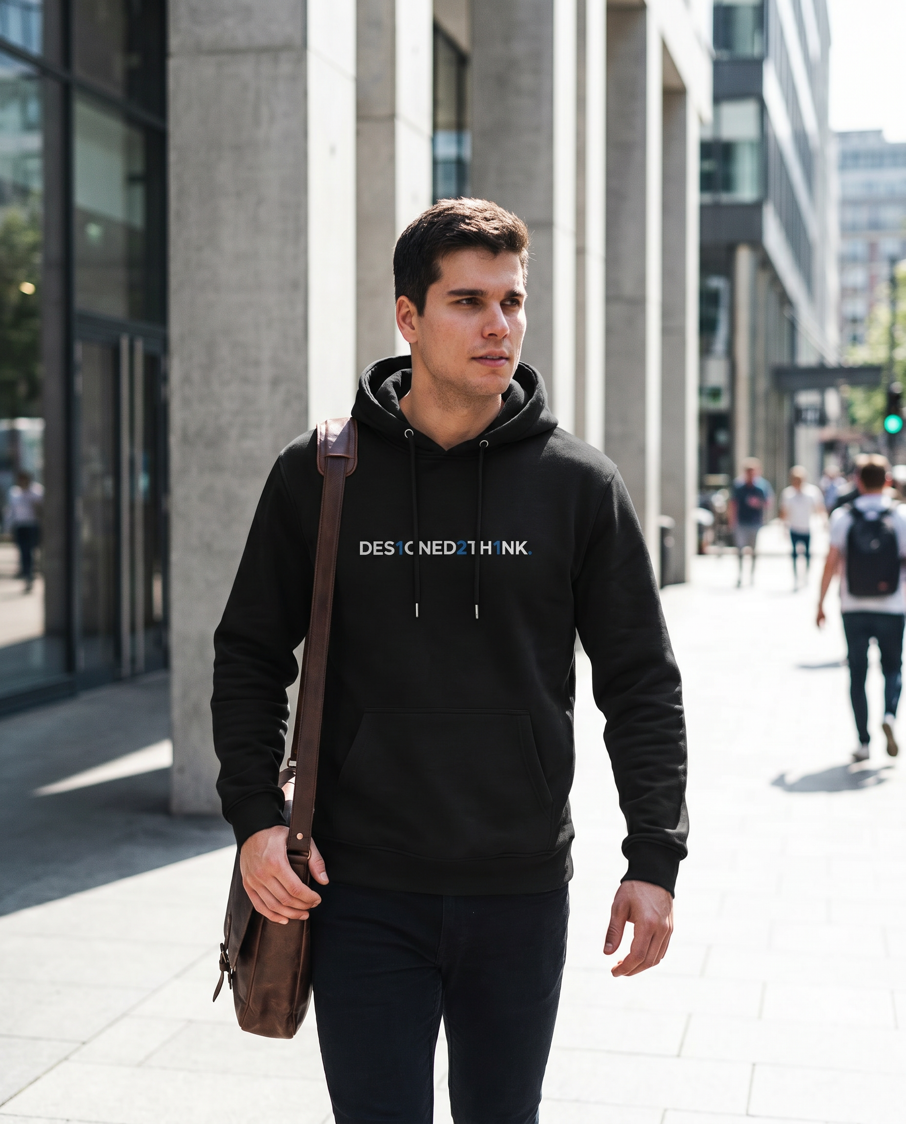 Man wearing DESIGNED2THINK Eco Hoodie Remix on a city street