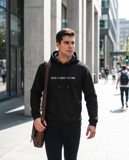 Man wearing DESIGNED2THINK Eco Hoodie Remix on a city street