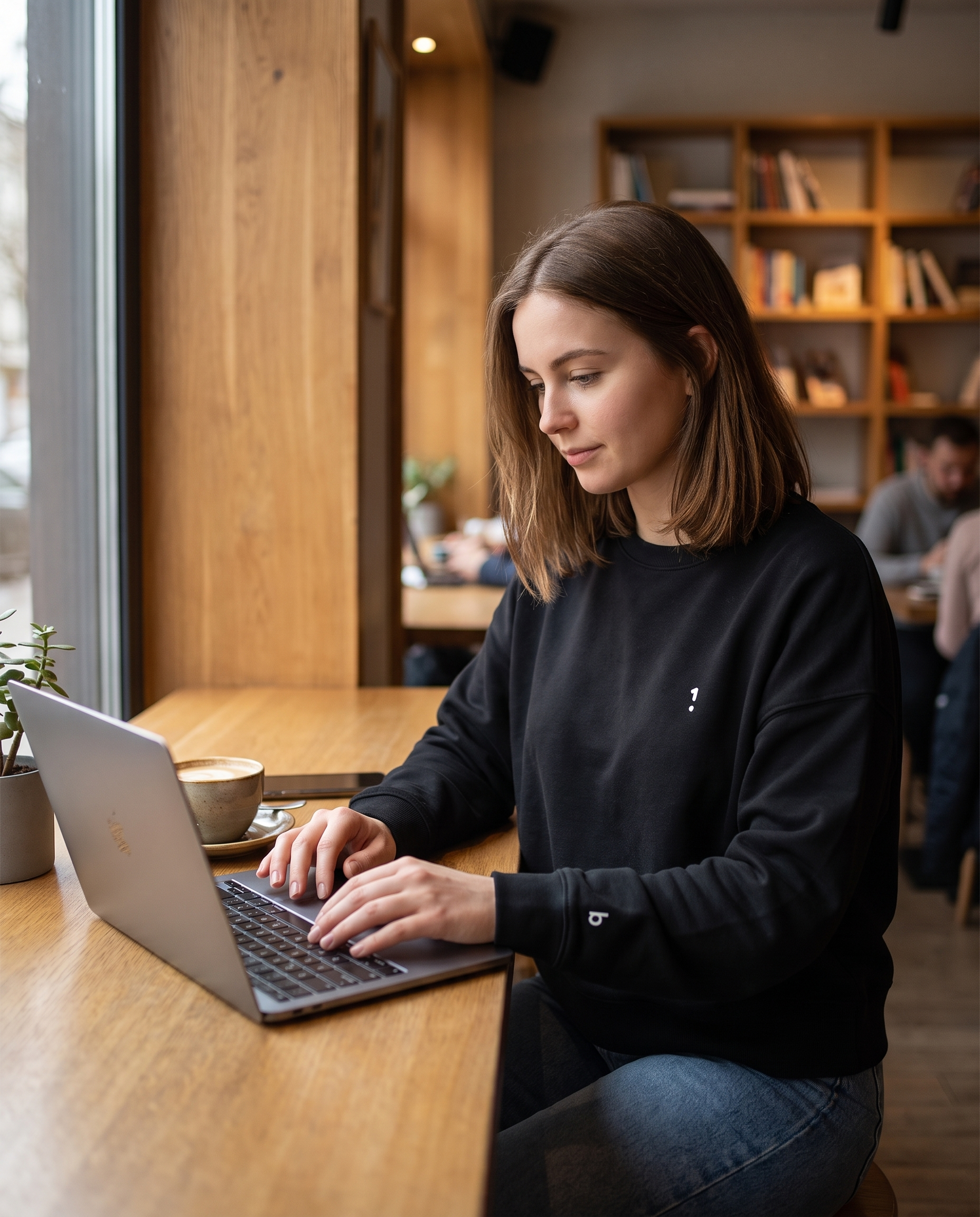 Woman wearing 1 Logo organic crew neck sweatshirt in a cafe