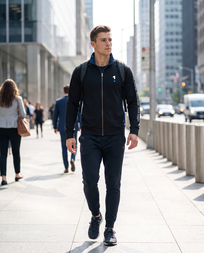Man wearing Base1 Zip-Up Track Jacket on a city street