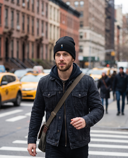 Man wearing 1 Logo Cuffed Beanie commuting in the city