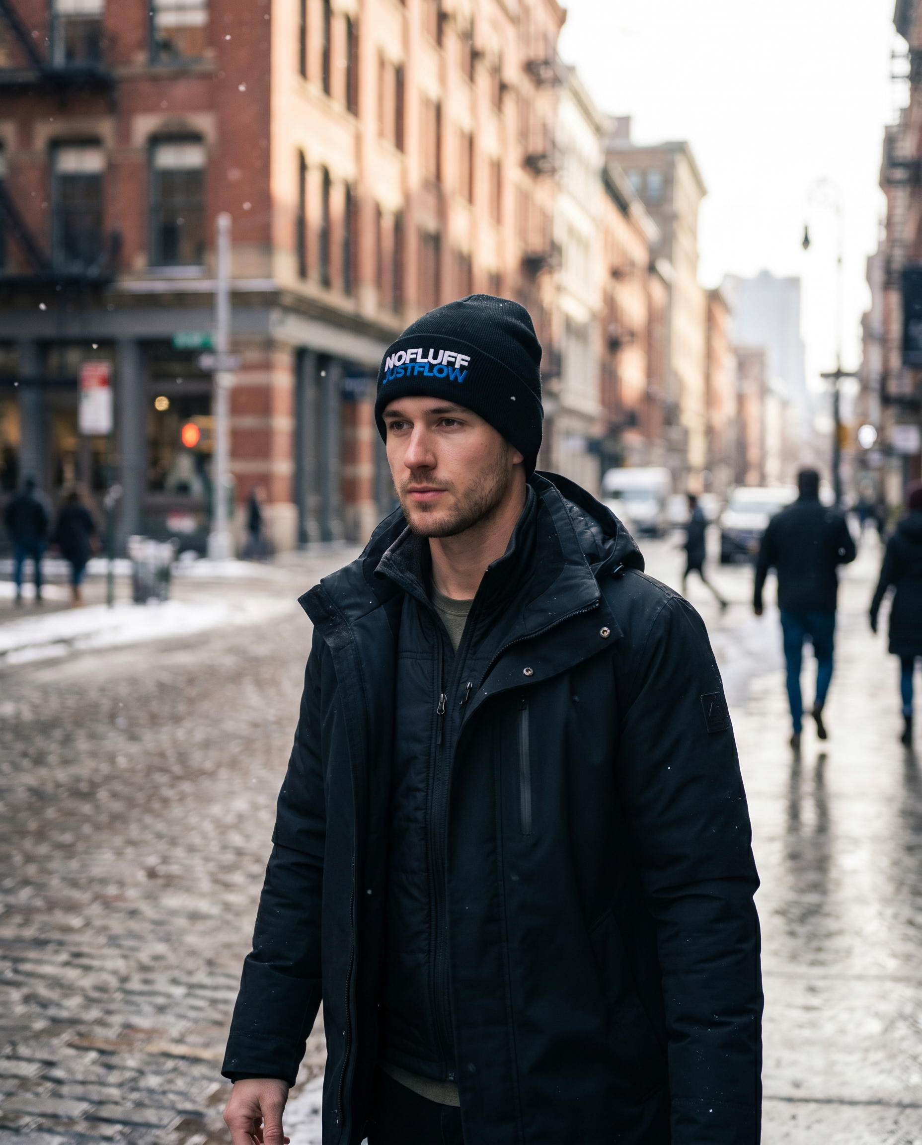 Man wearing Base1 No Fluff Just Flow Beanie on a city street