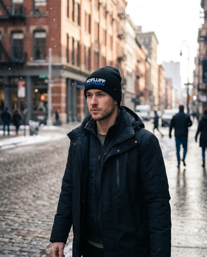 Man wearing Base1 No Fluff Just Flow Beanie on a city street