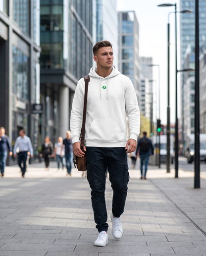 Man wearing BaseFit Cruiser Organic Hoodie on a city street