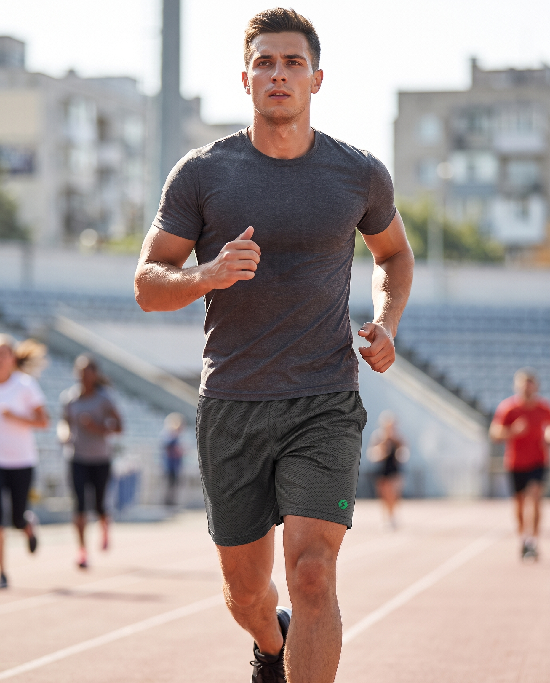 Man wearing BaseFit Sports Shorts on a running track