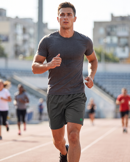 Man wearing BaseFit Sports Shorts on a running track