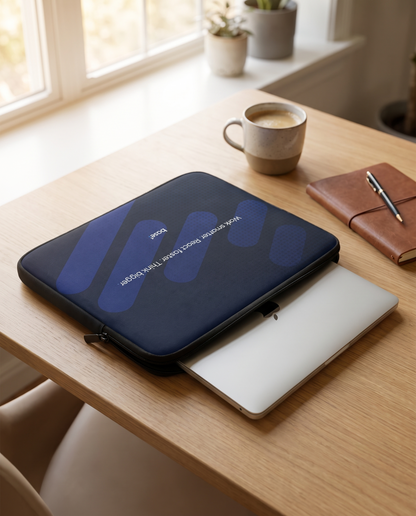 Base1 Think Bigger laptop sleeve on a desk with a laptop