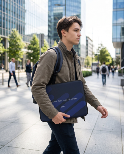 Person carrying Base1 Think Bigger laptop sleeve in the city