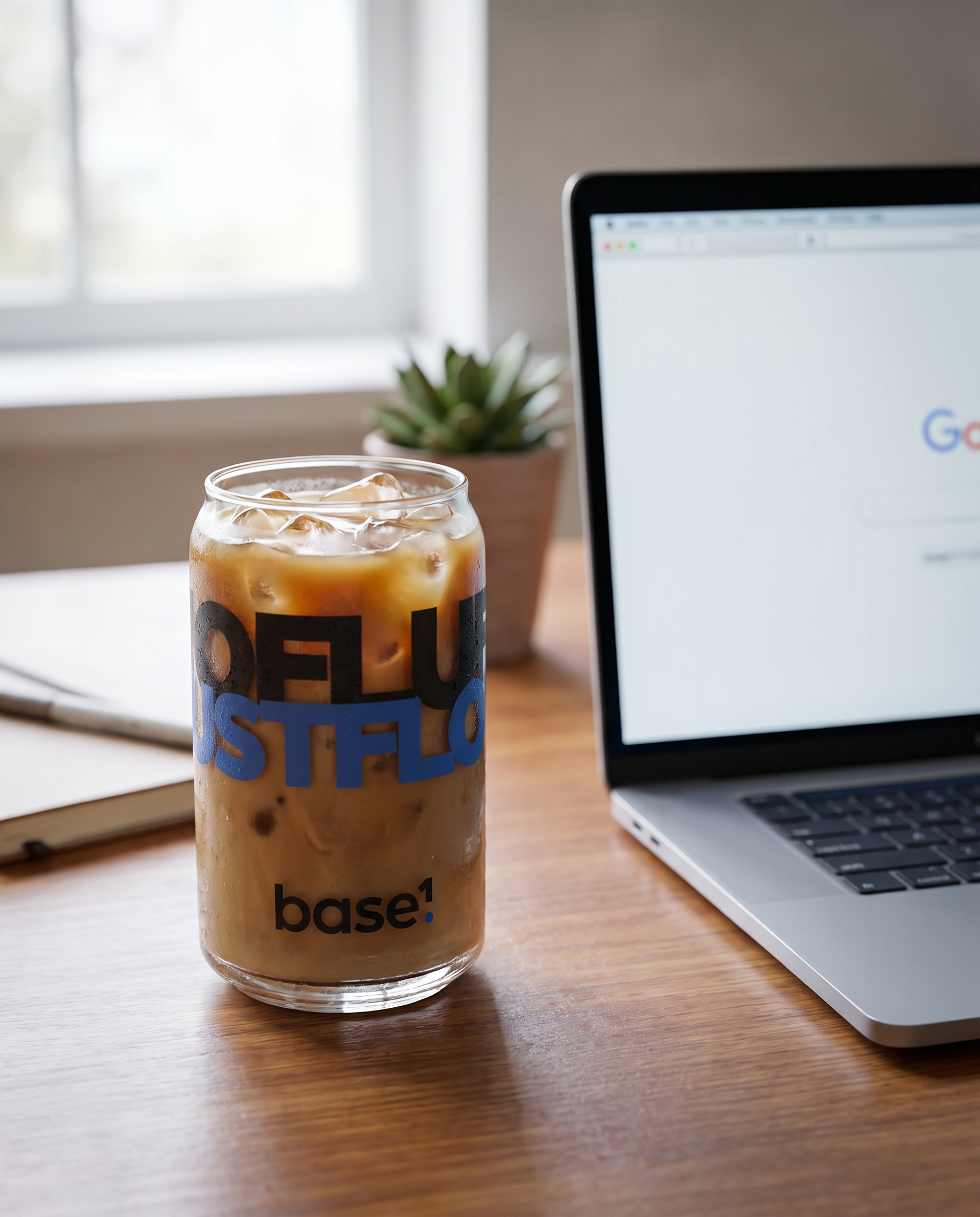 Base1 Just Flow can-shaped glass on a desk beside a laptop