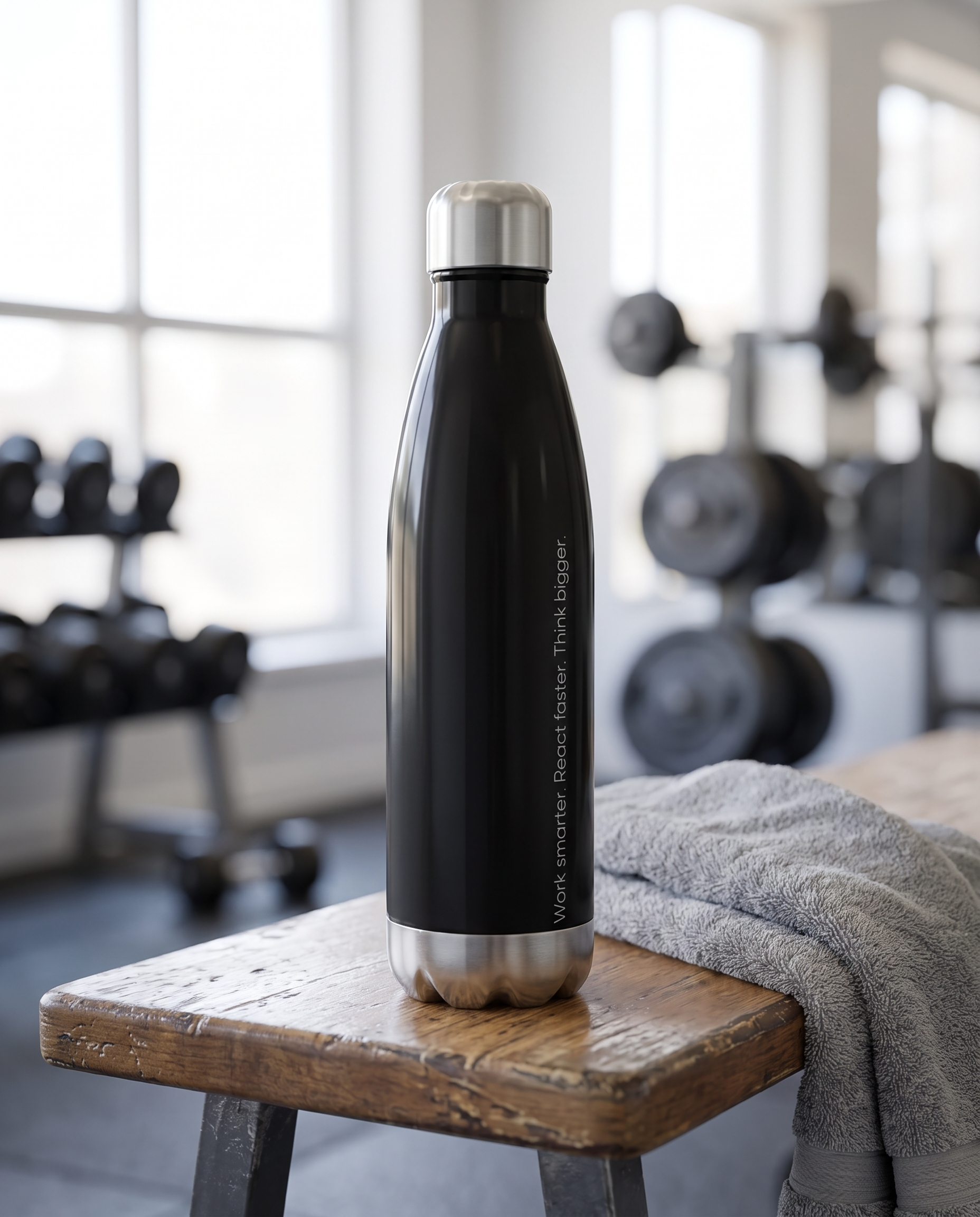 Base1 Work Smarter water bottle on a gym bench